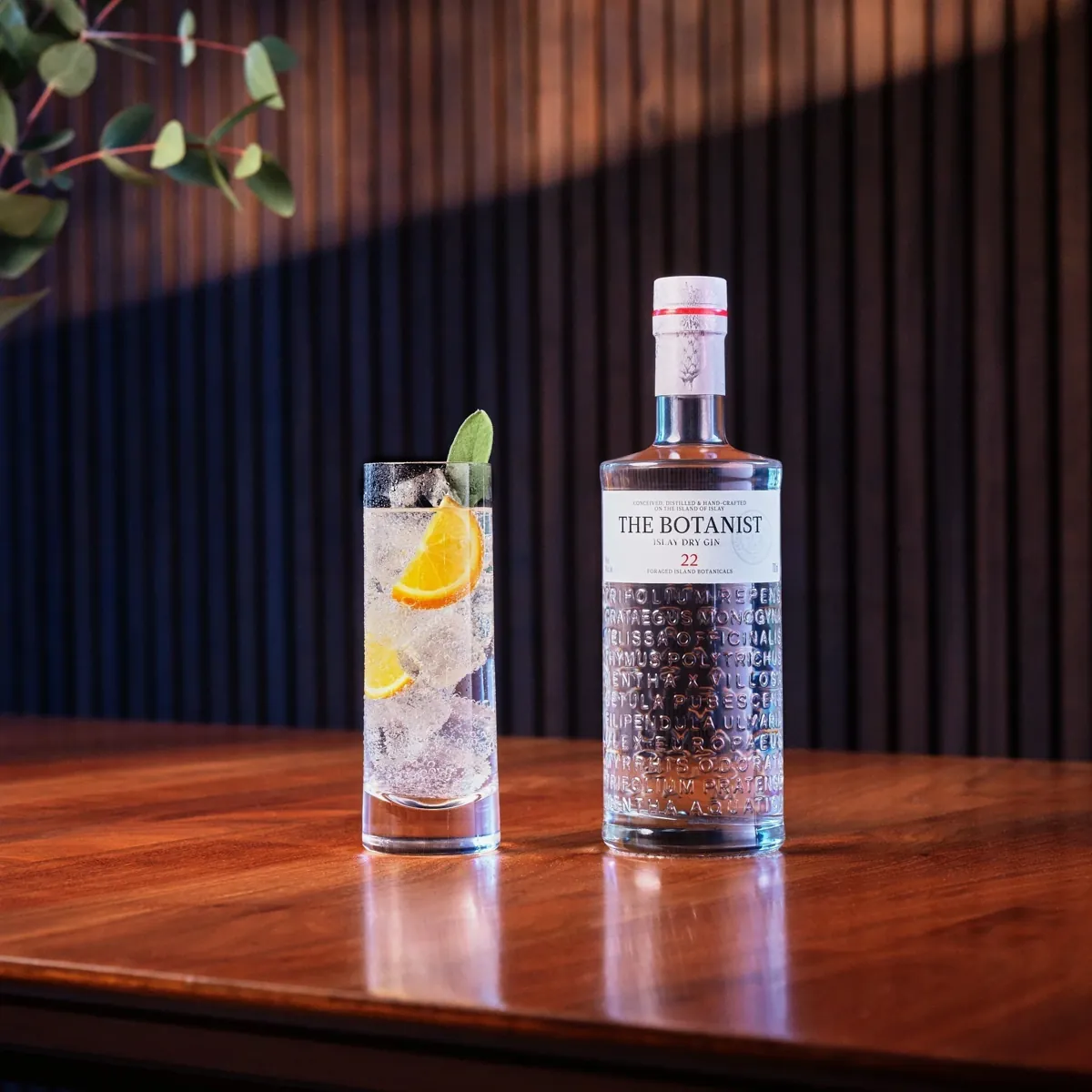 A Botanist gin and tonic with orange beside the bottle